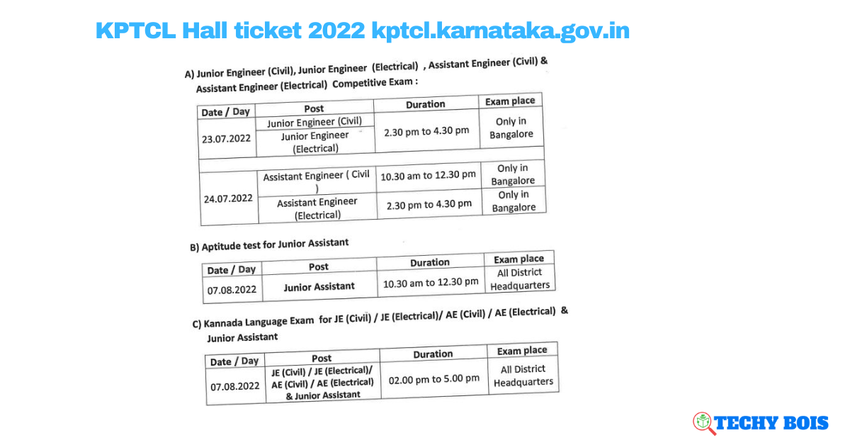 KPTCL Hall ticket 2022 kptcl.karnataka.gov.in