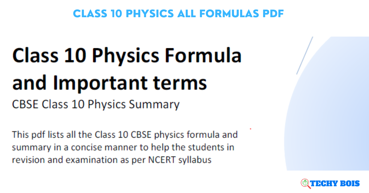 Class 10 Physics all Formulas PDF